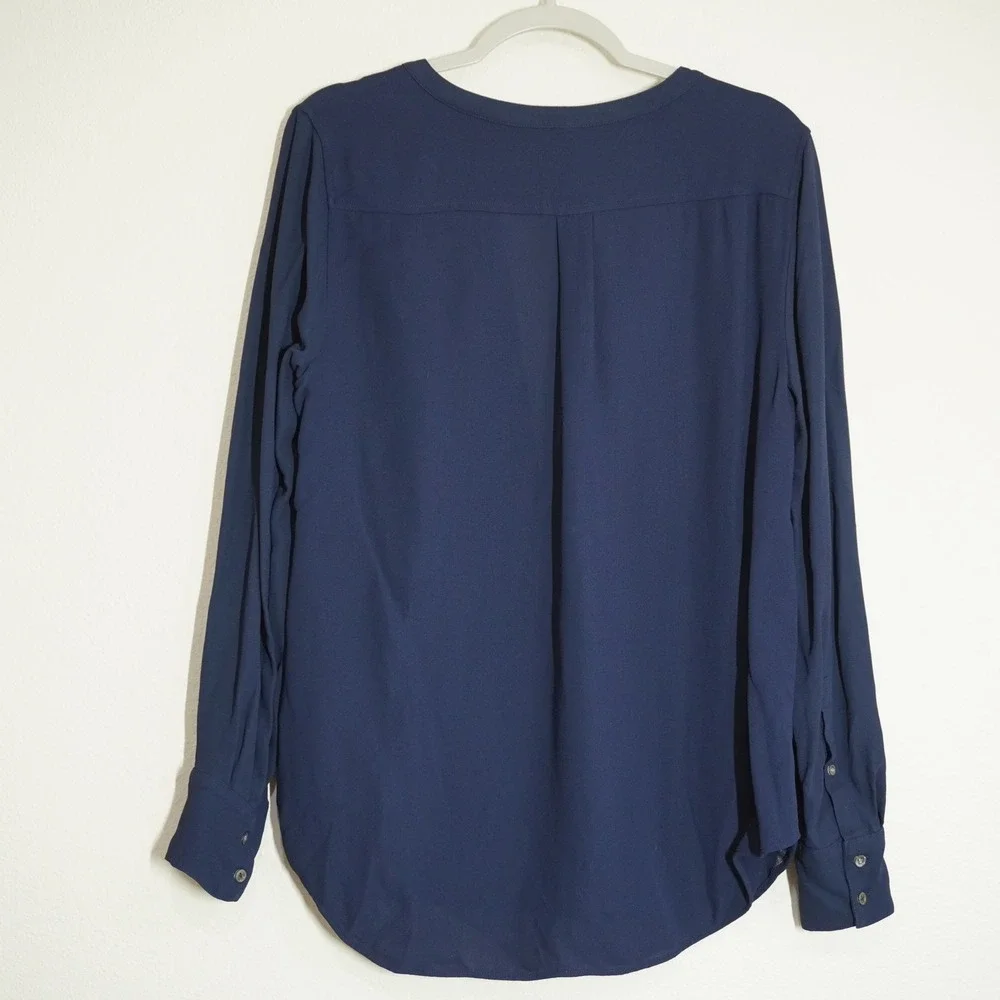 J. Crew Women's Size 14 Shirt Navy Blue Split Neck Long Sleeve Button Blouse Top